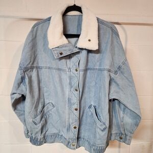 Dani Denim Jacket Women's Lg Light‎ Blue Sherpa Collar Oversized Coat 80's Style